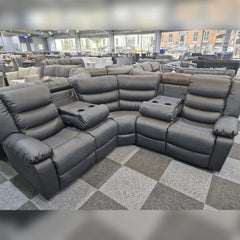 Leather Electric Recliner Corner Sofa with Cupholders, USB Charging Ports, LED Lights