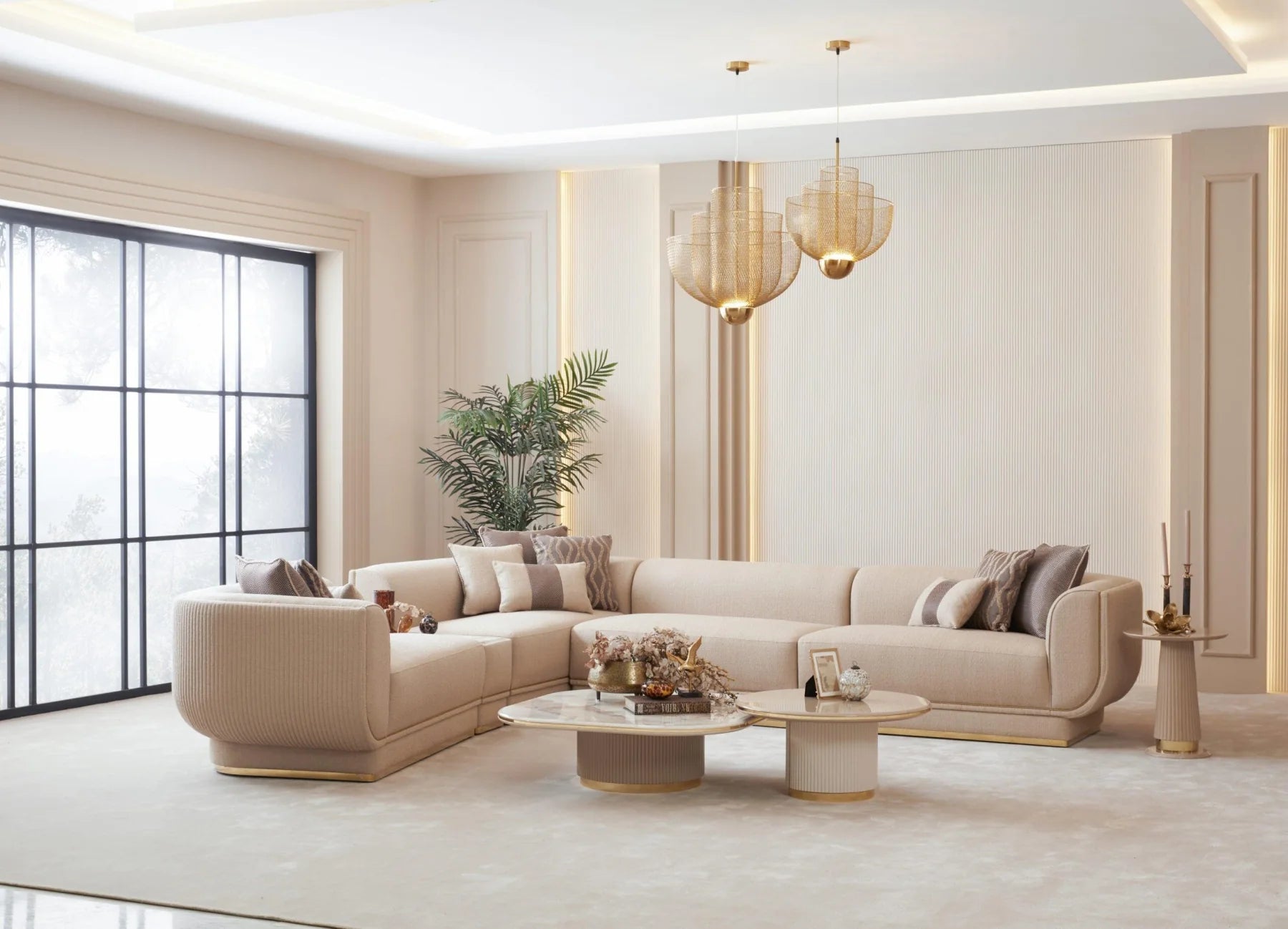 Warm contemporary living room with a cream sectional sofa and coffee tables