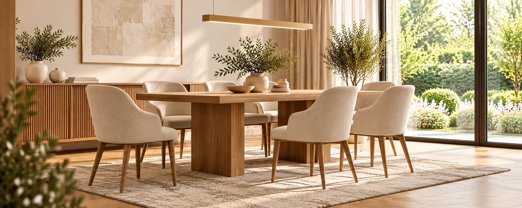 Oak dining table with upholstered chairs