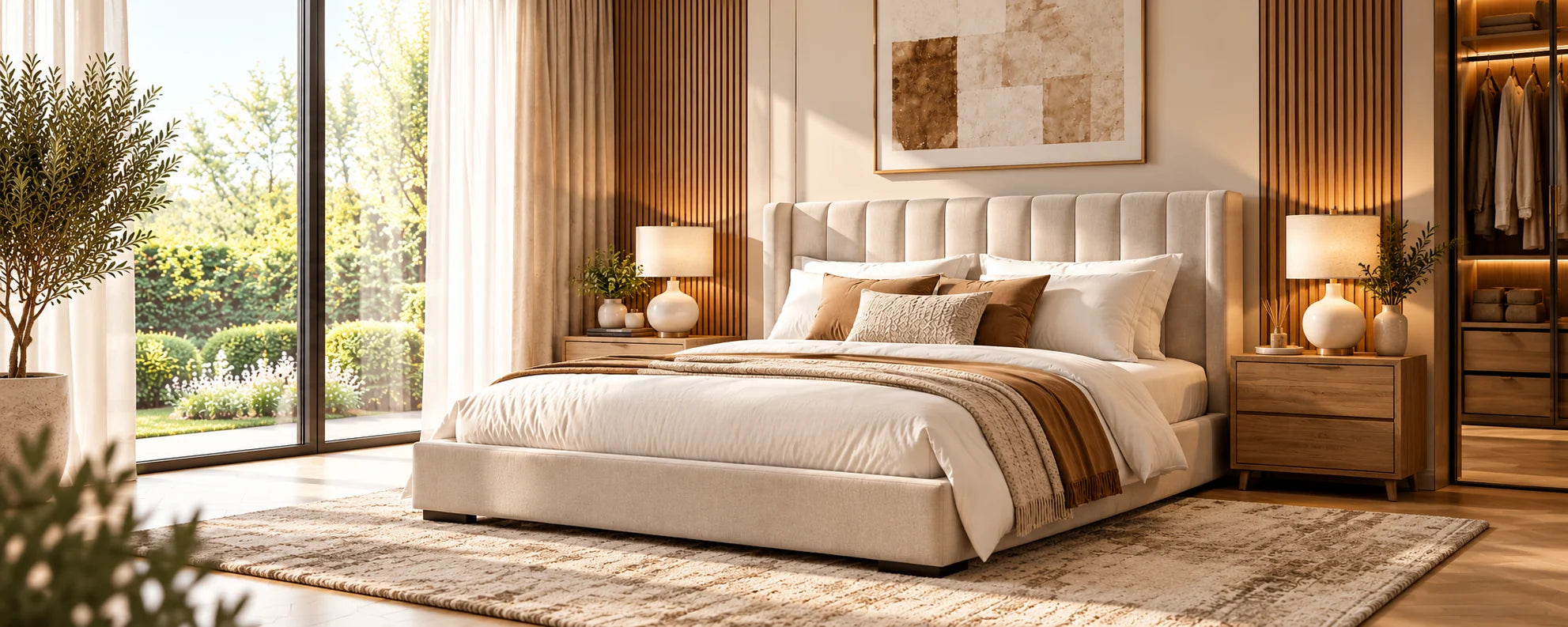 Premium upholstered bed in a warm contemporary bedroom