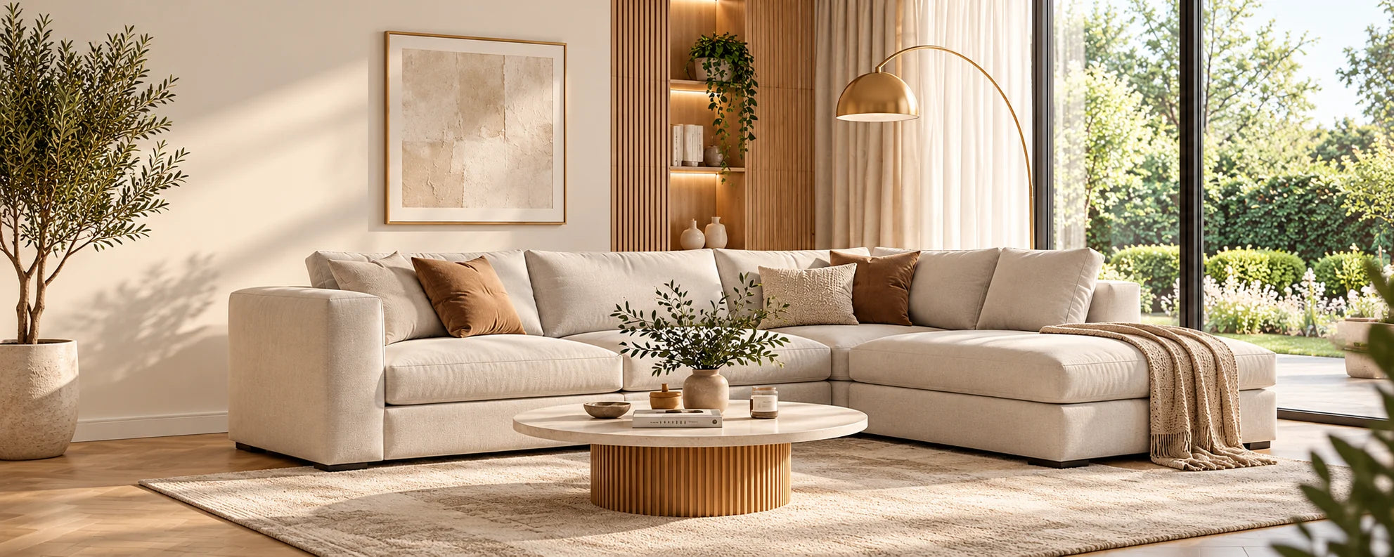 Luxury cream sectional sofa in a serene living room